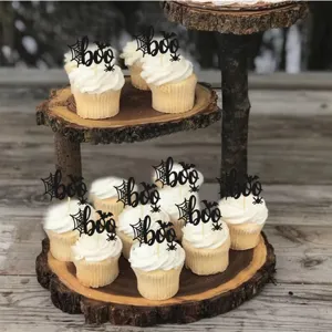 Halloween black boo spider web cupcake toppers for spooky party cake decorations.