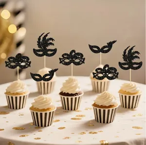 Set of 24 masquerade mask cupcake toppers with black glitter for party decoration.