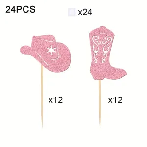 24 Stk Rosa Glitzer Cowgirl Kuchendeko Western Cowboy Hut Stiefel Cupcake Topper Set Party