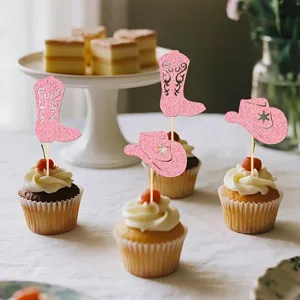 Rosa Glitzer Cowboyhut und Stiefel Cupcake Topper für Western Themengeburtstag