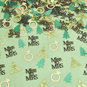 Confetti da tavola nuziali glitterati d'oro con anelli di diamanti alberi e testo