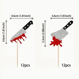 Halloween glitter bloody knife cake toppers 12pcs scary party baking dessert decorations.