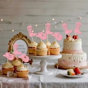 Rosa glitzernde Cowgirl Cupcake-Topper mit Stiefeln und Hüten für die Dekoration von Geburtstagspartys.