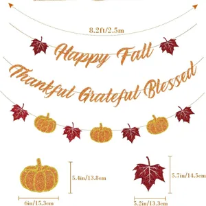 Guirnalda brillante de calabaza y hojas de otoño pancarta festiva de acción de gracias.