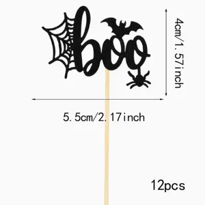 Halloween black glitter boo cake topper with spider web bat and spider designs 12pcs set