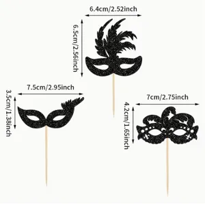 Black glitter masquerade mask cake toppers with wooden picks for party decoration.