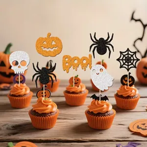 Set de adornos para cupcakes de Halloween con fantasmas brillantes, calabazas y arañas.