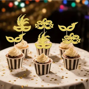 Glitter masquerade mask cake toppers for party cupcake decorations, sparkling gold party picks.