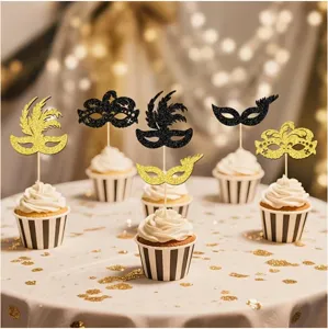 Masquerade mask cupcake toppers glitter party cake decorations set for birthdays and celebrations.
