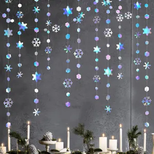 Guirlande Flocon de Neige en Papier Irisé Décoration Thème Noël Bannière Suspendue pour Vitrine de Magasin