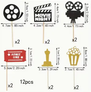 Movie theme party cupcake toppers detail showing product dimensions and 12 pieces set.