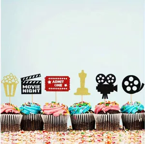 Movie theme cupcake toppers 12pcs glitter cinema party cake decorations supplies