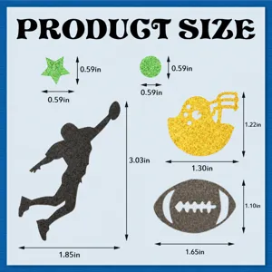 Football theme party confetti size chart, glitter sports decoration dimensions guide display.