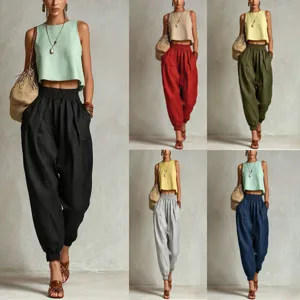 Pantalon Harem Décontracté en Polyester pour Femmes Taille Élastique Ample à Revers Longues Trousers Couleur Unie Vêtement Quotidien