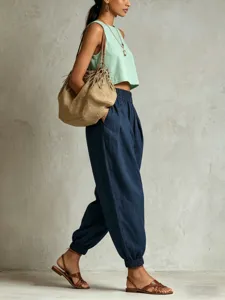 Pantalon harem en lin pour femme taille elastique decontracte detail elegant chic.