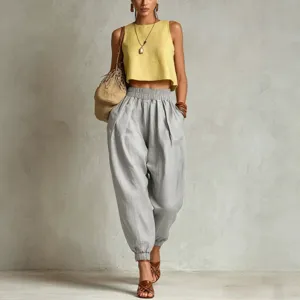 Pantalon sarouel décontracté en mélange de lin pour femmes, taille haute élastique.
