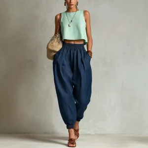 Ensemble haut court et pantalon sarouel en lin de coton pour femme décontracté taille élastique