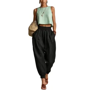 Femmes lin coton haut court pantalon harem ensemble décontracté ample taille haute lanterne vue