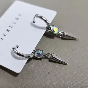 Sparkly 3D cone pendant hoop earrings for women, trendy silver earrings with crystal.
