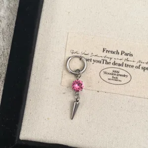 Stunning pink crystal spike pendant hoop earrings for women, edgy punk style jewelry gift.