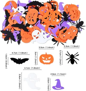 Halloween felt confetti decorations set with cute pumpkin, ghost, bat and spider shapes.