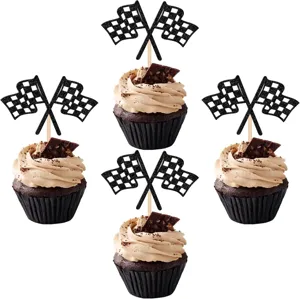 Checkered Racing Flag Cupcake Toppers Black White Grid Car Cake Picks Glitter Paper Toothpick Toppers For Racing Car Theme Kids Birthday Party Favors Cake Decorations