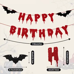 Halloween bloody bat happy birthday banner size chart details and dimensions display.