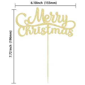 Gold glitter Merry Christmas cake topper with dimension details for holiday party decor.