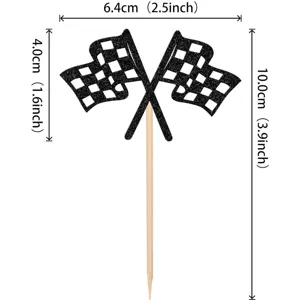 Checkered flag cake topper detail view showing product dimensions, racing party decoration.