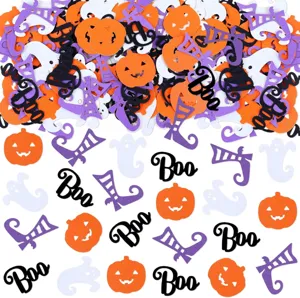 Halloween party confetti decorations with cute pumpkins, ghosts, witch hats and Boo text.
