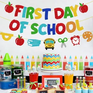 Detailed view of colorful back to school glitter banner and cute classroom party decoration props.