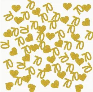 Gold glitter 70th birthday party confetti table scatter decorations number and heart shapes