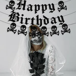 Gotische Totenkopf Happy Birthday Banner Halloween Party hängende Dekoration schwarze Girlande.