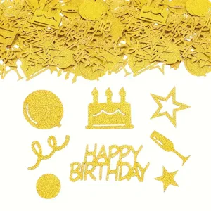 Goldene Glitzer Geburtstag Konfetti Details zeigen verschiedene Party Motive und Schriften.