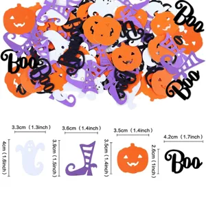 Halloween party confetti decorations with colorful pumpkins ghosts and witch shapes.