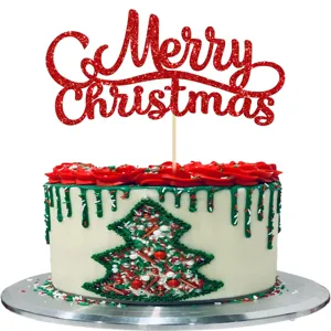 Christmas cake topper red glitter Merry Christmas sign holiday party dessert decoration
