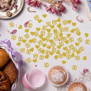 Gold glitter 50 number and heart confetti for 50th birthday and anniversary party table decor