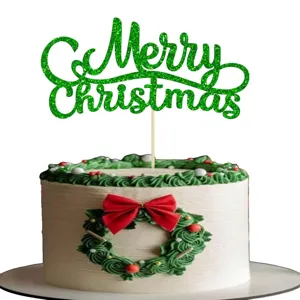 Christmas cake topper green glitter Merry Christmas sign party cake decoration supplies