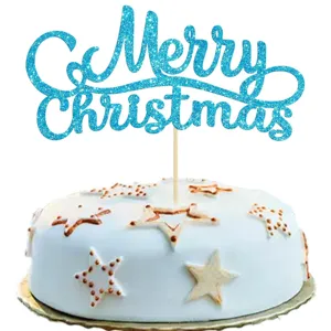 Glitter blue Merry Christmas cake topper for holiday party dessert table decoration supplies