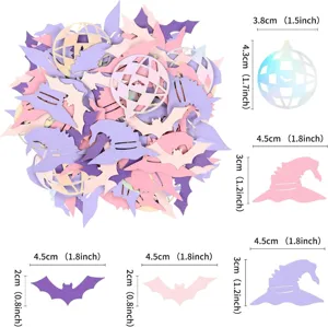 Halloween party paper confetti detail view showing size dimensions for bats and witch hats.