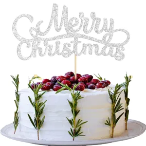 Silver glitter Merry Christmas cake topper for holiday party dessert table decoration.