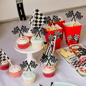 Black and white checkered flag cupcake toppers for racing theme birthday party decorations set.