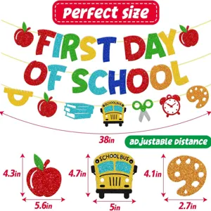 Back to school glitter banner decoration set with school bus, apple and pencils for classroom.