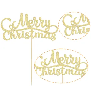 Gold glitter Merry Christmas cake topper with wooden stick for holiday party dessert decoration.