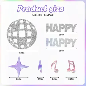 Tableau des tailles de confettis de boule disco laser Kpop montrant diverses formes et dimensions.