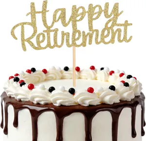 Gold glitter Happy Retirement cake topper party decoration for retirement celebration cake.