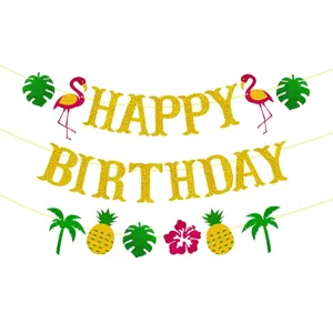 Striscione Buon Compleanno Fenicottero Hawaiano Oro Glitterato Ghirlanda Di Carta Con Foglie Di Palma Tropicale Ananas Fiori Di Ibisco Decorazioni Sospese Per Feste Estive