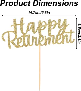 Gold glitter Happy Retirement cake topper dimension details showing width and height specs.