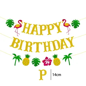 Banner glitter per decorazioni di feste di compleanno hawaiane con fenicotteri tropicali.