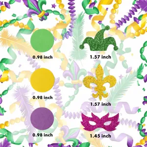 Mardi Gras party confetti size chart table set with circles jester hats masks and fleur-de-lis